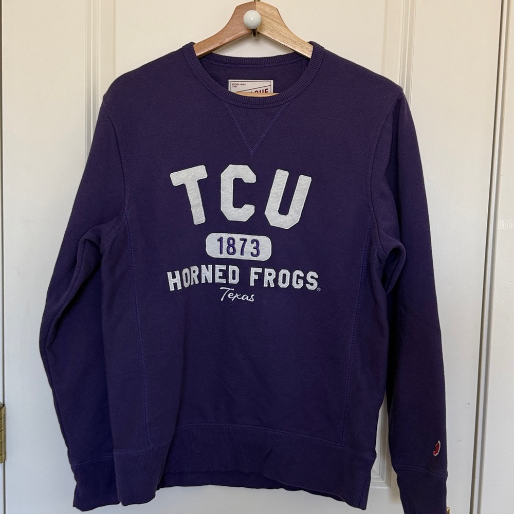 League TCU Embroidery Horned Frogs Purple Crewneck Sweatshirt - Picture 3 of 7